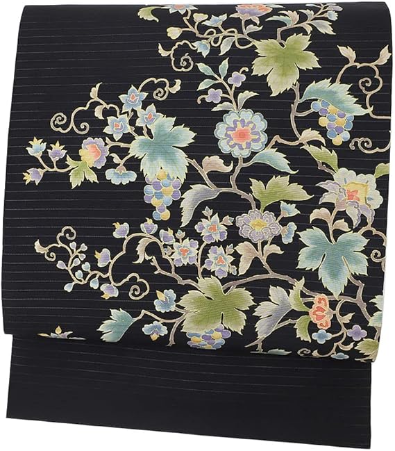 名古屋帯 岡重 黒地 ブラック 夏物 絽 葡萄 唐草 ぶどう 花唐草 更紗 友禅染 お仕立て上がり 九寸 お洒落着 街着 カジュア No.6-1637